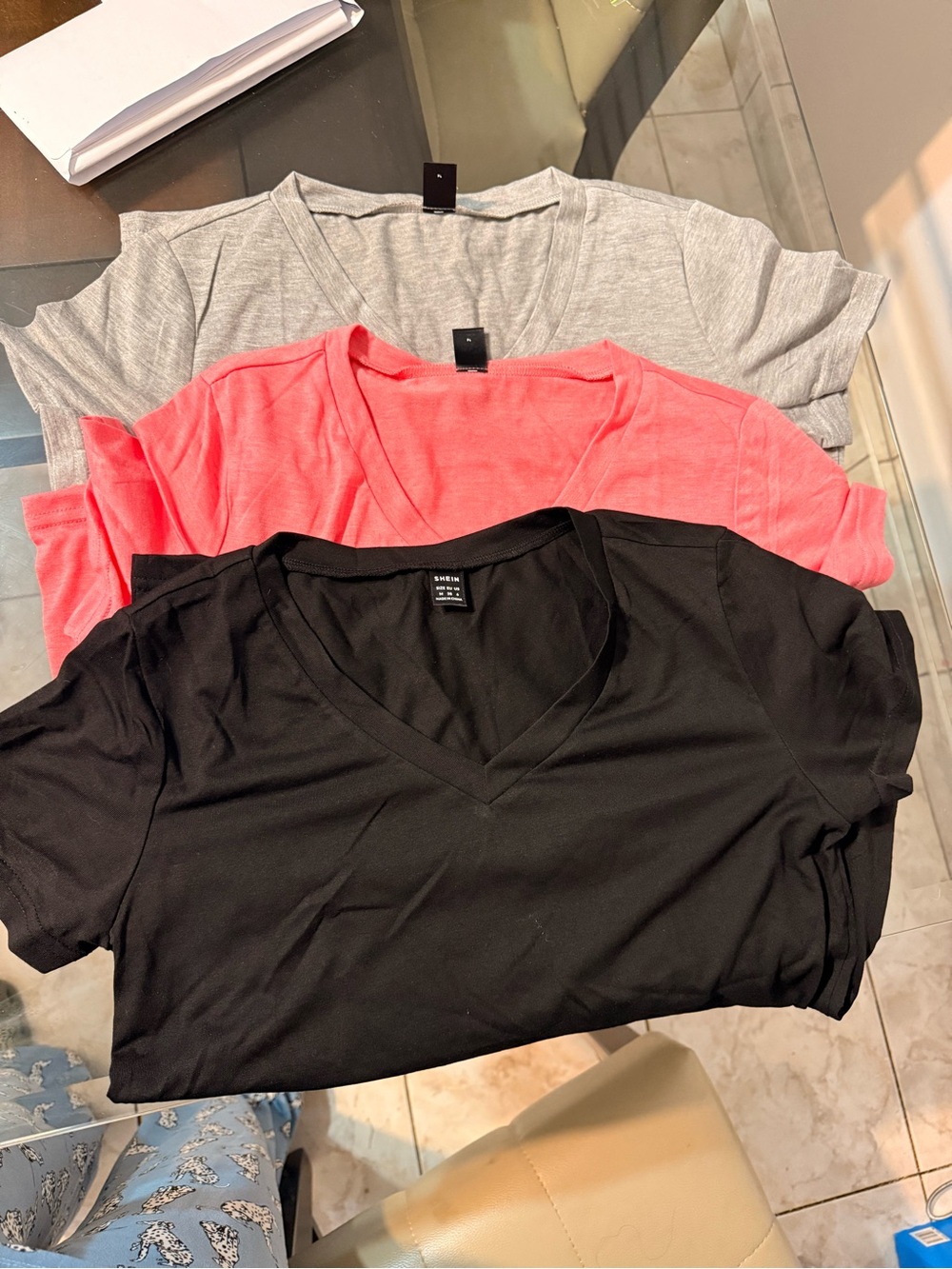 SHEIN Basic V-Neck Tee Bundle | 3-Pack | Black, Gray & Coral Pink | Size M